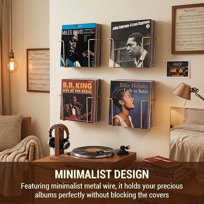 MyGift Modern Metal Wire Wall Mounted Vinyl Records Storage Racks, Hanging LP Record Holders, Floating Album Cover Display Shelves, Set of 2 (Brass- 4 Pcs)