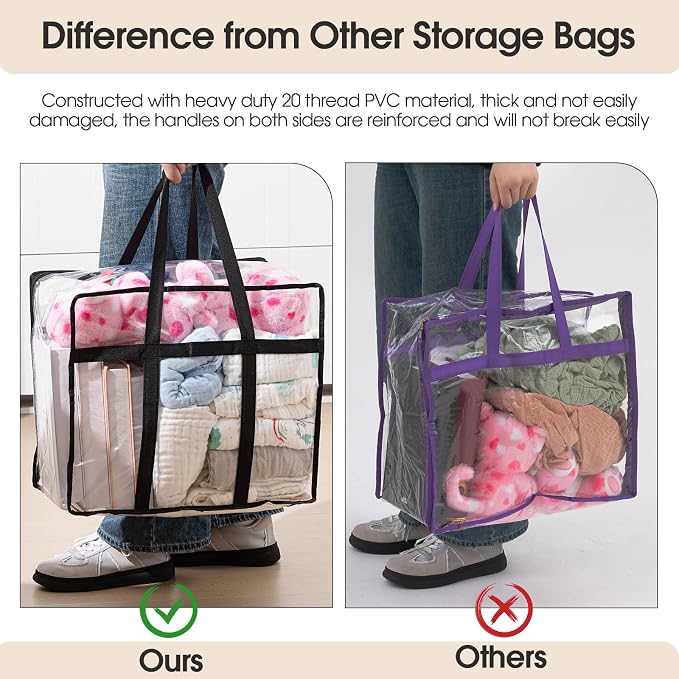 6 PCS Clear PVC Zippered Storage Bags 40L Plastic Closet Organizers and Storage Containers Foldable Moving Bags with Reinforced Handles for Bedding, Blankets, and Seasonal Clothes(Black)