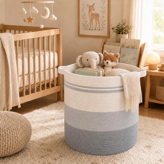 OIAHOMY 80L Laundry Hamper with Handles,Decorative Basket for Living room,Woven Storage Basket for Toys Bin,Pillows, Blankets,Clothes-20x18in-Gradient Gray