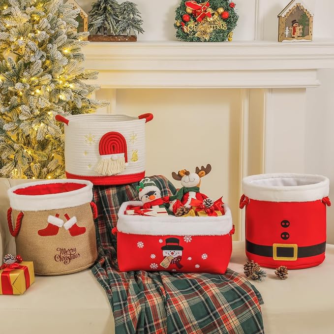 Christmas Gifts Baskets Empty Christmas Ornament Box Xmas Storage Baskets Canvas Toys Organizer Bin for Holiday, Snowman Raffle Basket Foldable Baskets for Nursery/Living room, Kids Toy Chest, Large