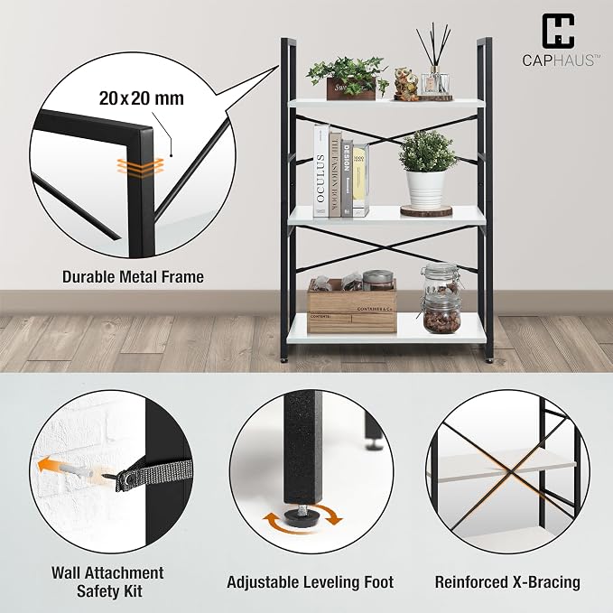 CAPHAUS 3 Tier Small Bookshelf, 24 Inch Width Free Standing Shelf, Bookcase Shelf Storage Organizer, Industrial Book Shelves for Home Office, Living Room, White Shelves & Metal Frame