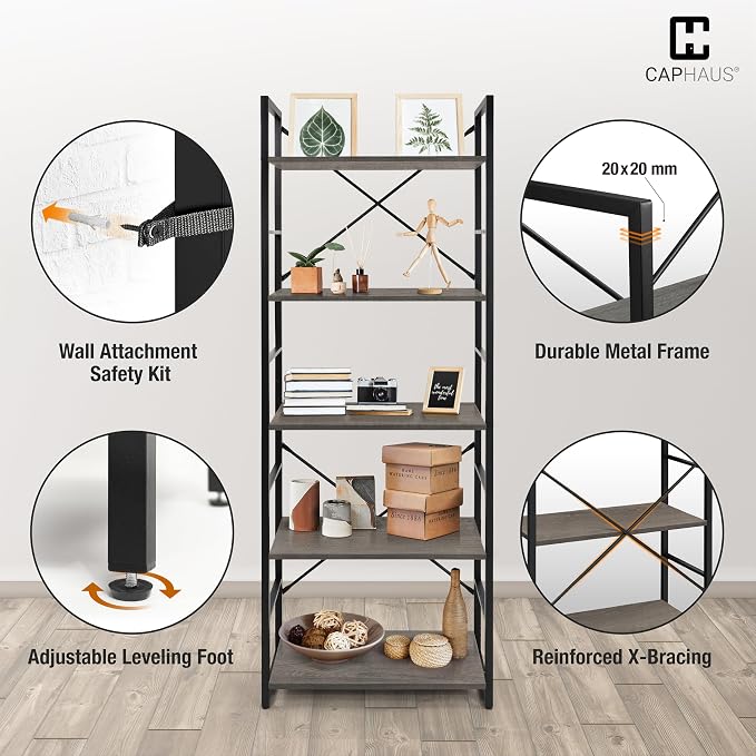 CAPHAUS 6 Tier Bookshelf, 24 Inch Width Free Standing Shelf, Bookcase Shelf Storage Organizer, Industrial Book Shelves for Home Office, Living Room, Kitchen, Dark Grey Vintage Shelves & Metal Frame