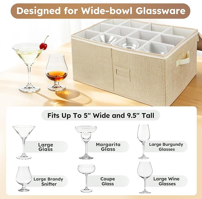 LotFancy Stemware Storage Container, Hard Shell, Large Wine Glass Storage Box for Moving, Stackable, Foldable, Crystal Glassware, Drinkware Case with Dividers & Handles, 21”x15.5”x10”, Beige