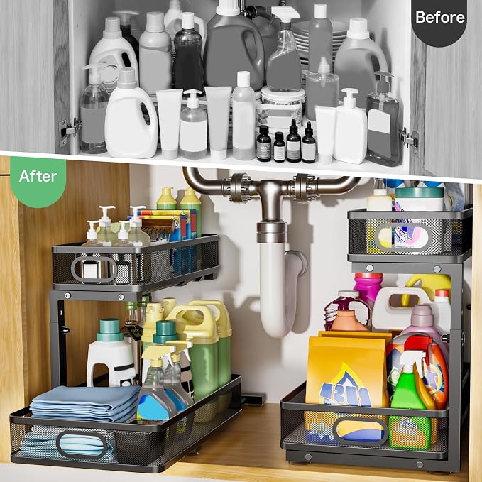 Under Sink Organizer 2 Pack, High Adjustable 2 Tier Under Sink Organizers and Storage, Slide out Metal Cabinet Organizers, Pull out Storage Drawer Shelf for Kitchen Bathroom Cabinet (Black-1pack)