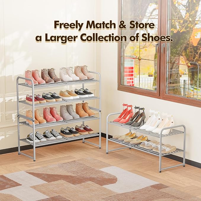 2 Pack Shoe Rack, 2-Tier Metal Stackable Shoe Shelf Storage Organizer, Heavy Duty Wire Shoe Stand for Entryway, Closet, Hallway, Holds 50 LBS, Gray