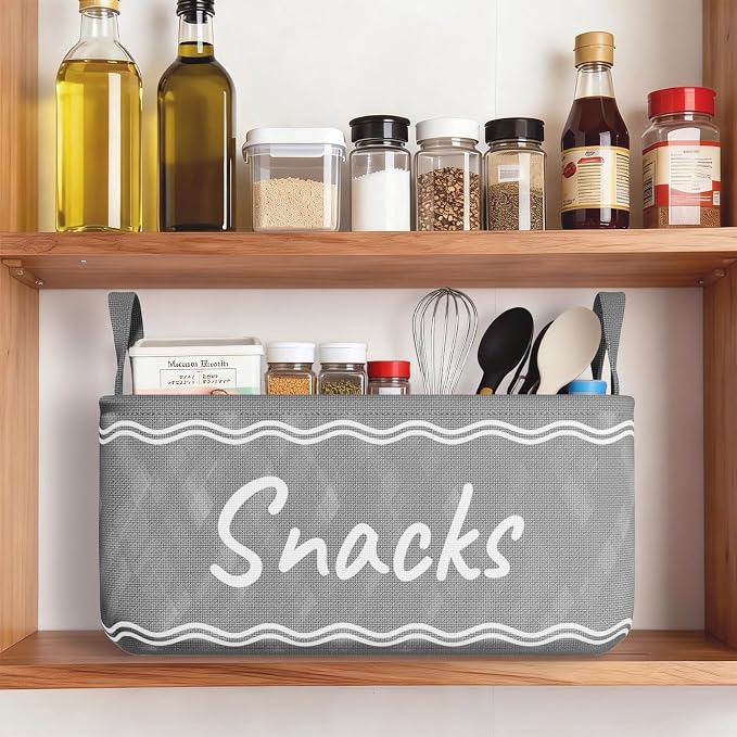 Snack Basket for Pantry & 5 Seal Clips - Snack Bin Organizer for Countertop - Imitation Linen Snack Storage Containers for Storing Chips, Pretzels, Cookies, Popcorn (2, Gray-2 Pack)