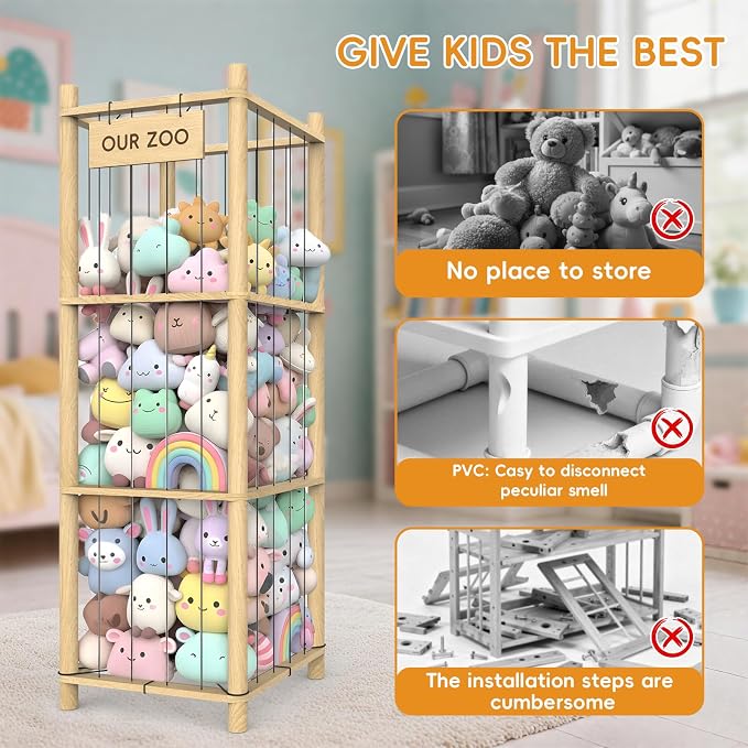 Stuffed Animal Storage & Organizer, Wooden Eco-Friendly Toy Holder with Elastic Ropes & DetachableBag, Fun Interactive Plush Toy Storage, Easy Assembly Durable Organizer for Nursery, Bedroom &Playroom