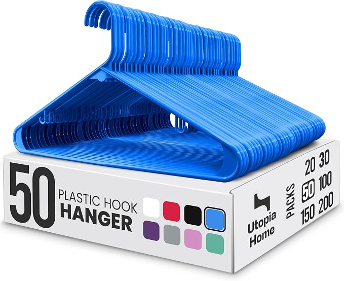 Utopia Home Plastic Hangers 50 Pack – Built-in Strap Hooks Blue | Space saving | Durable & strong | Closet organizer | Clothes hangers | Ideal for shirts, pants, skirts & coats