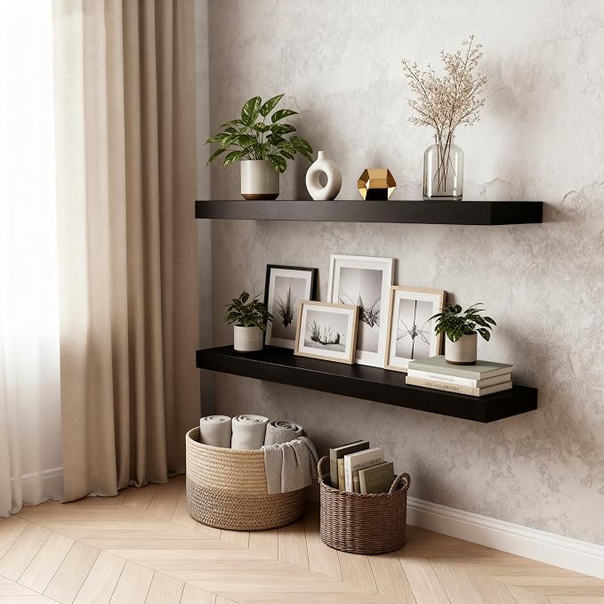 Floating Shelves for Wall(Set of 2)-36 Inch Black Wood Wall Shelf with Invisible Brackets for Bathroom,Bedroom,Drawingroom,Kitchen for Decor(Black,2pcs)