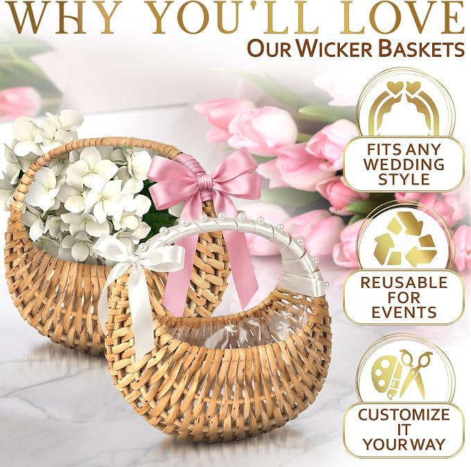 Flower Girl Basket Set of 2, Rattan, 6.3" x 5.12" x 3.75" | Rustic Small Wicker Baskets with Handle & Waterproof Lining; for Wedding, Bridal Shower, Flower Petals, Gifts & Photo Props