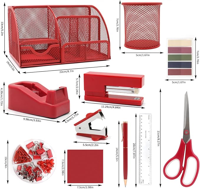 12 in 1 Red Desk Organizers and Accessories for Office Home School | Red Office Supplies for Coworkers Students, Include Stapler, Pen Holder, Tape Holder, Scissors, Ruler, Staple Remover