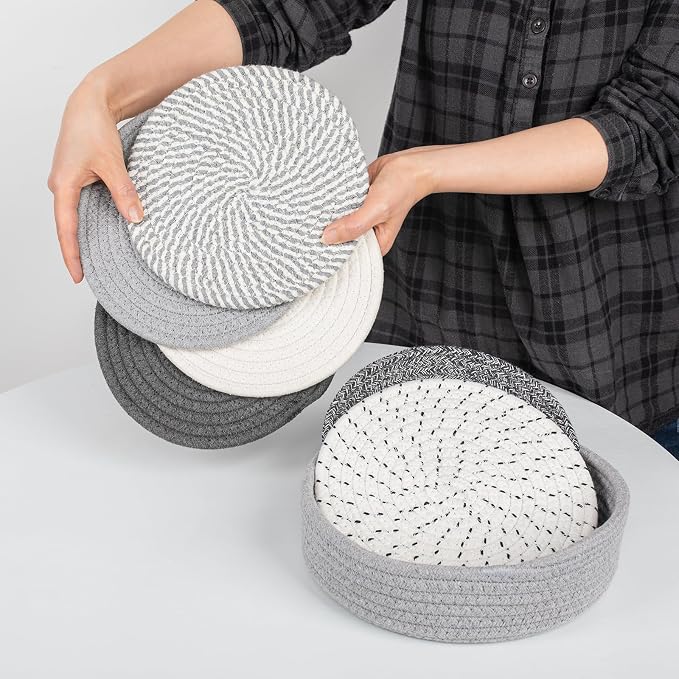 8 Inch Trivets for Hot Dishes, 6 Pcs Cotton Hot Pads with Basket | Large 8-inch cotton trivets for hot pots and dishes; basket adds easy storage and farmhouse style