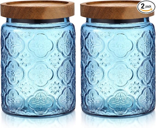 LemonRoad 2 Pcs Vintage Blue Glass Storage Jars 23.7 oz Mason Jar Canister with Wood Lids Food Storage Container for Cookie, Pantry, Candy Kitchen, Coffee, Tea, Flour, Sugar, Decorative Home Decor