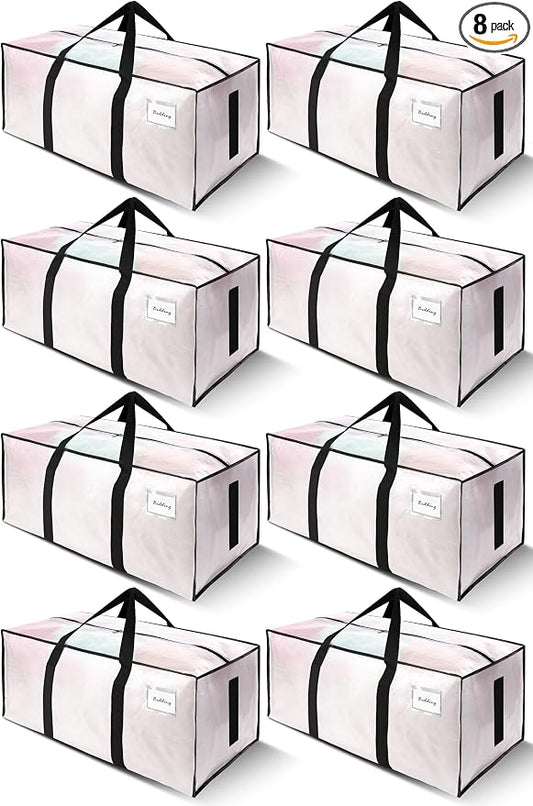 SWEET DOLPHIN 8 Pack 200LB Heavy-Duty Moving Bags with Wrap-Around Handles, Extra Large Storage Totes for Space Saving, Clothes Storage Bags, College Dorm Essentials, Semi-Transparent, 24 Gal