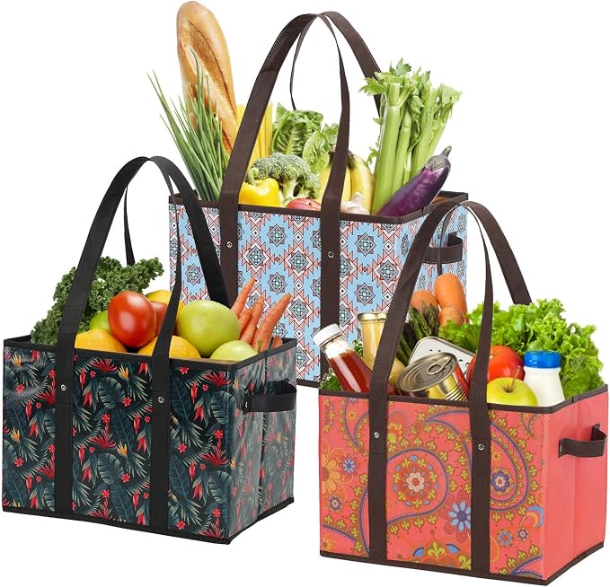Foraineam Reusable Grocery Bags Set Durable Heavy Duty Tote Bag Collapsible Grocery Shopping Box Bag with Reinforced Bottom
