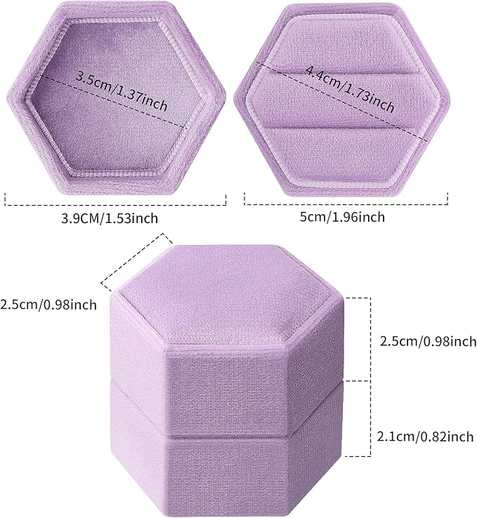 DesignSter Hexagon Velvet Ring Bearer Box - Premium Gorgeous Vintage Double Ring Display Holder with Detachable Lid for Proposal, Engagement, Wedding, Ceremony (Lilac)