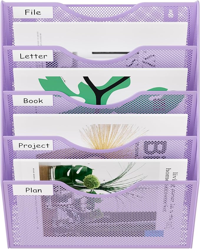 EasyPAG Wall File Organizer 5 Tier Hanging Paper Folder Holder, Zero Assembly Metal Mesh Wall Mounted Mail Organizer for Office Home Classroom Narrow Spaces, Puple
