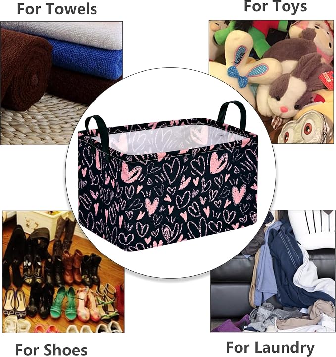 MAIZMZ Girls Basket Empty Gift Basket with Handles,Closet Shelf Storage Organizer Bins Heart Print Girls Nursery hamper Kids Toys Books Box Room Decor
