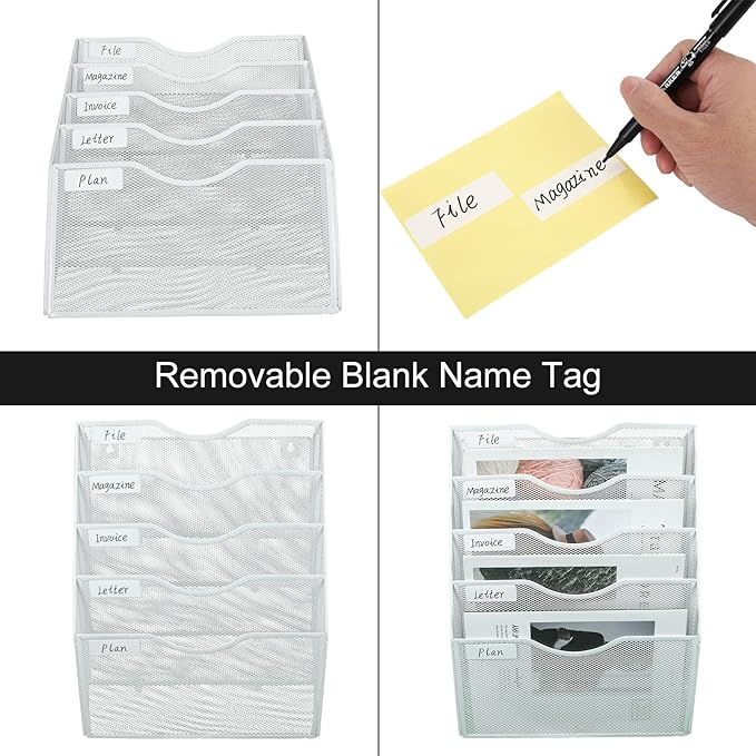 PAG Hanging Wall File Holder Mail Organizer Wall Mount Document Letter Rack, 5-Tier, White