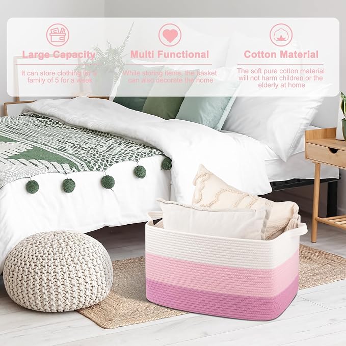 OIAHOMY Large Blanket Basket, 65L Cotton Rope Woven Laundry Basket, Toy Bin for Baby Room, Container for Blanket Storage in Living Room, 20''×16''×12'', Gradient Pink