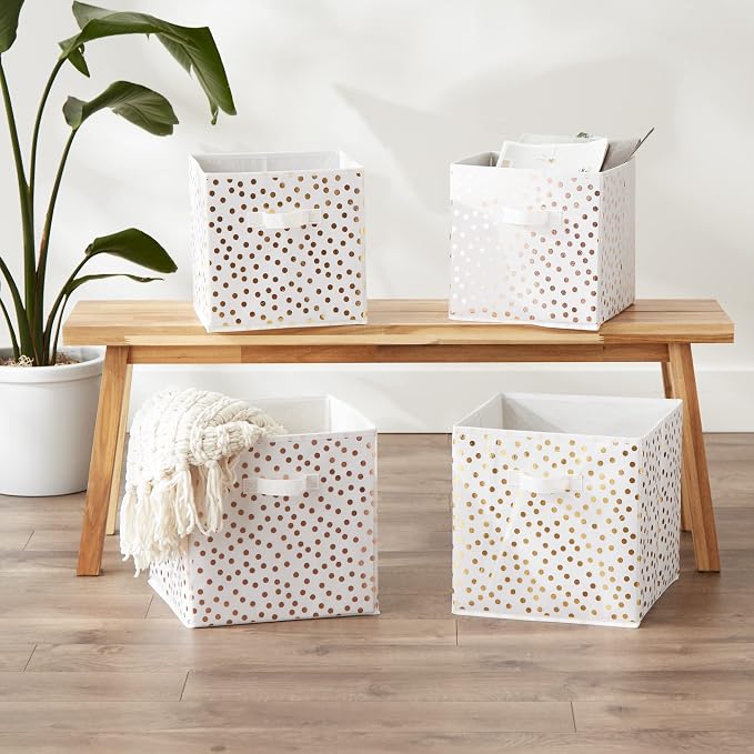 DII Non Woven Polyester Storage Bin, Polka Dot, White & Gold, Small Set of 4 (Pack of 6)