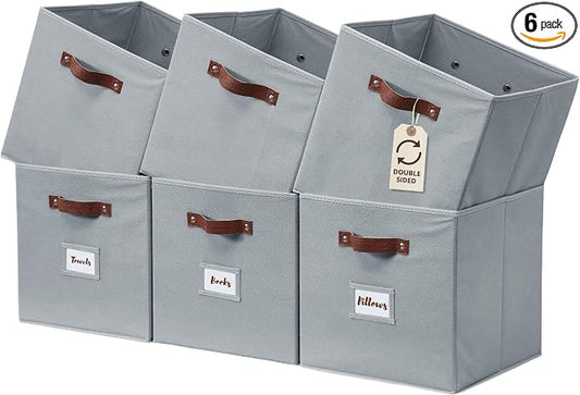 DECOMOMO Storage Bins, Cube Storage Bin with Labels | 13" x 13" x 13" Fabric Storage Cubes for Shelves (6pcs, Grey)