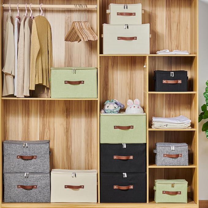 Storage Bins with Zipper Lid Cotton Linen Fabric Lidded Storage Baskets Boxes Foldable Washable Closet Shelf Clothes Organizer Container with PU Leather Handles (Beige, Large Size)