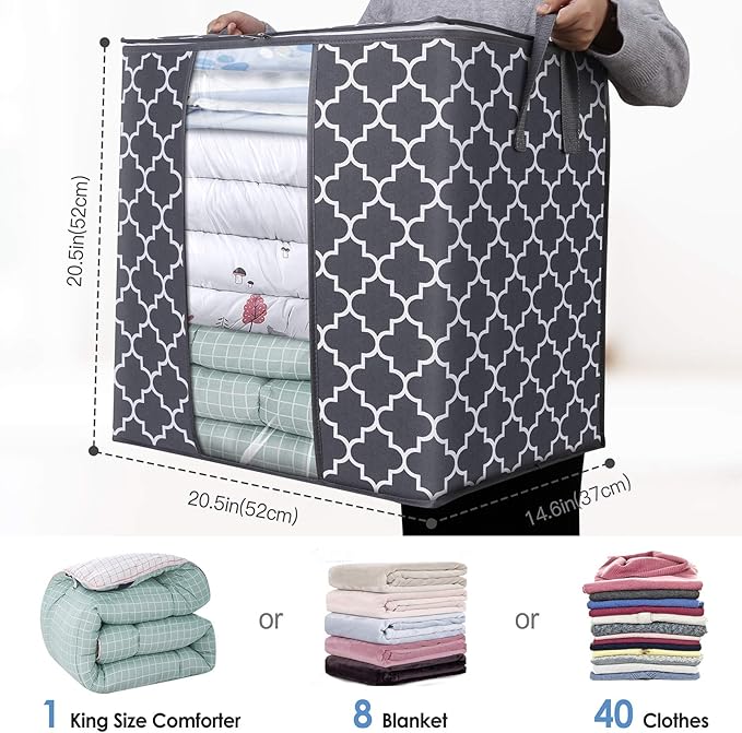 WISELIFE Storage Bags 6 Pack/100L Large Blanket Clothes Organization and Storage Containers for Comforters,Bedding, Foldable Organizer with Reinforced Handle, Clear Window, Sturdy Zippers,Gray