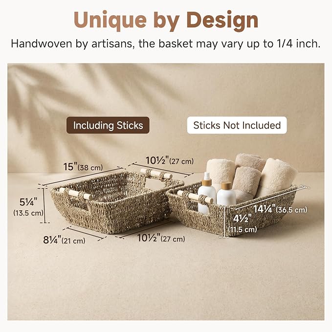 StorageWorks Hand-Woven Large Storage Baskets with Wooden Handles, Seagrass Wicker Baskets for Organizing, 2-Pack