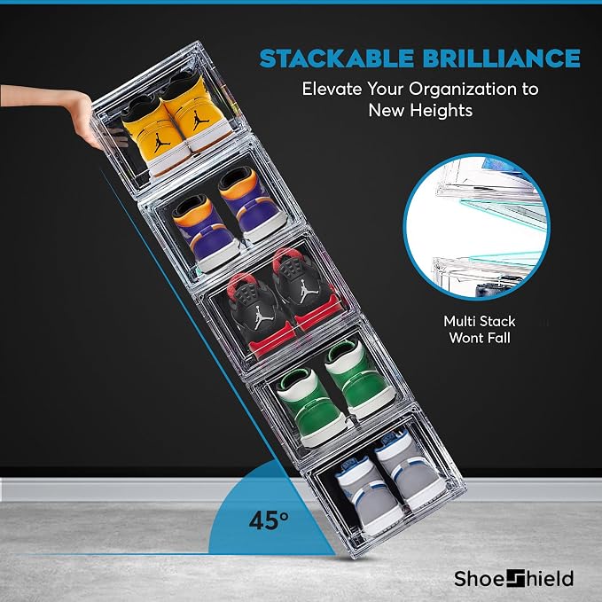 Ultra All Clear Shoe Boxes Plastic Stackable Professional Grade Shoe Display Case with Magnetic Front Drop Door Open Easy Assembly Modern Shoe Sneaker Display Case Fits US Size 14