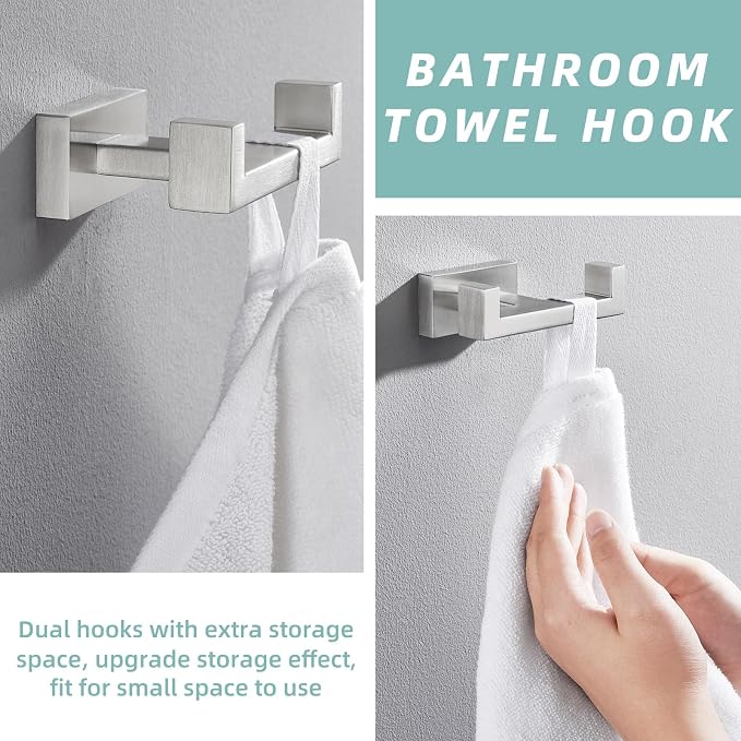 APLusee Square Double Towel Hook, 304 Stainless Steel Dual Coat Holder, Modern Bathroom Kitchen Storage Hanger Wall Mounted, Brushed Nickel