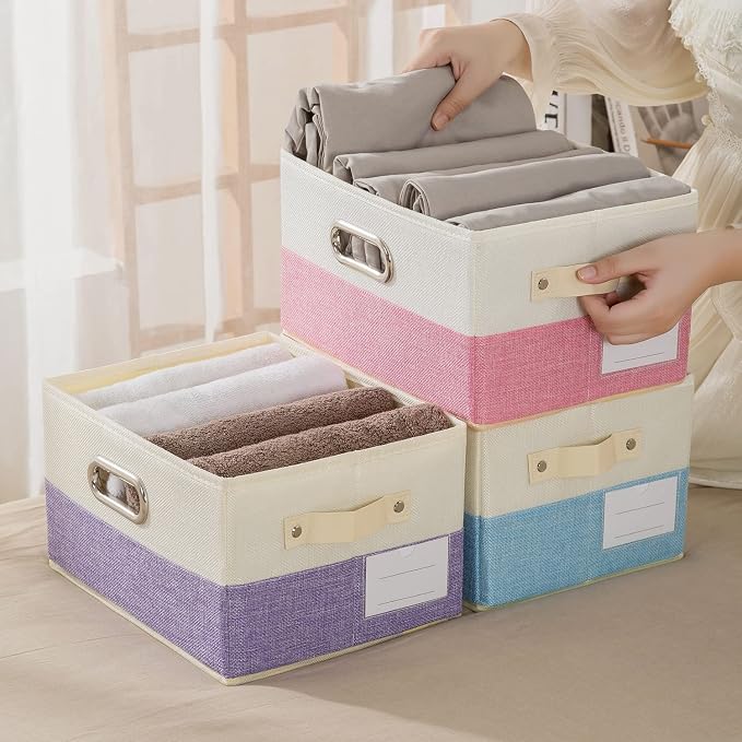 PRANDOM Fodable Storage Bins for Closet [3-pack] Decorative Fabric Storage Baskets Cubes with Leather/Metal Handles for Shelves Bedroom Living Room Purple&Cream (11.5x8.5x6.7 Inch)