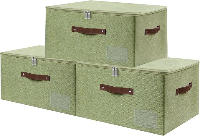ANMINY 3PCS Storage Bins with Zipper Lid Storage Boxes with Label Holder PU Leather Handles Washable Foldable Decorative Lidded Cotton Linen Fabric Cubes Baskets Closet Organizer - Green, Large