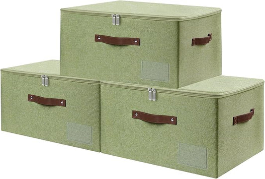 ANMINY 3PCS Storage Bins with Zipper Lid Storage Boxes with Label Holder PU Leather Handles Washable Foldable Decorative Lidded Cotton Linen Fabric Cubes Baskets Closet Organizer - Green, Large
