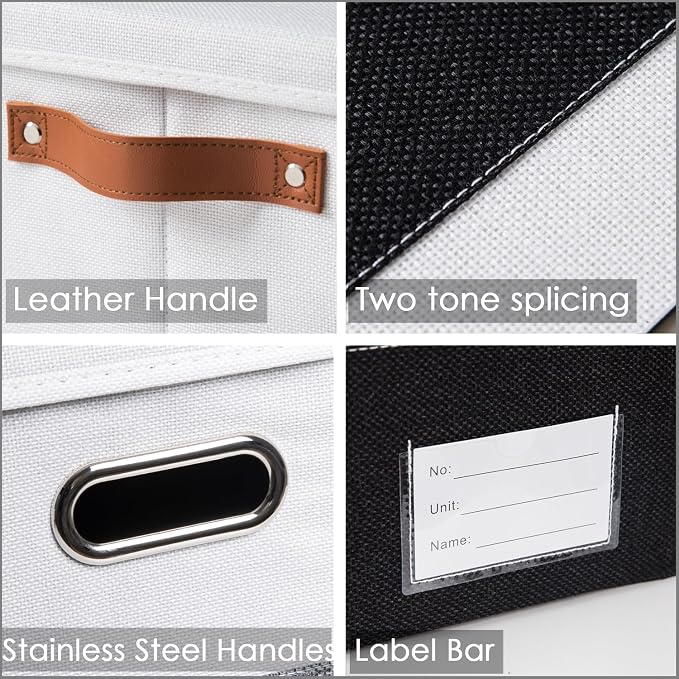 PRANDOM Foldable Storage Bins with Handles [3-Pack] Fabric Collapsible Storage Boxes Baskets Cubes Containers with Handles for Closet Living Room Bedroom (Black & White 14.9x9.8x8.3'')
