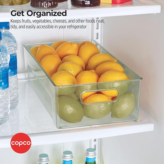 Copco Storage Bin for Refrigerator and Pantry Organizers - Clear Green Fridge Bin with Built-In Handles, 14.4 x 7.9 x 4 Inches, Kitchen and Bathroom Storage Organizer