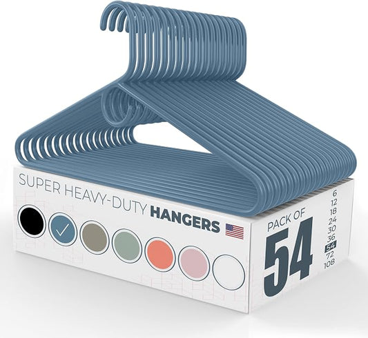 Super Heavy Duty Clothes Hangers 50 Pack (54 Count) – Made in the USA - 10lb Capacity, Thick Plastic Hangers for Pants, Coats, Jackets, Jeans and Adult Clothing – Blue