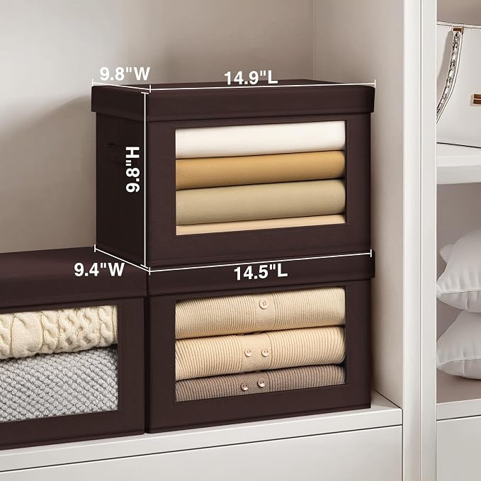 Homsorout Foldable Storage Boxes with Clear Window - Clothes Organizers and Decorative Bins with Lid, Fabric Storage Cube, Baskets for Shelves, Yarn, Home, Brown, 3 Pack
