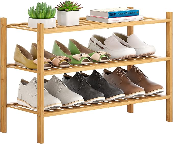 Bamboo Shoe Rack Stackable Shoe Shelf Storage Organizer for Unit Entryway Hallway and Closet Sturdy Freestanding Shoe Shelf(3 Tier Natural)
