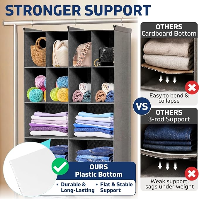 Ofiray-home 6 Tier Hanging Closet Organizer, 16 Compartments Sweater Organizer for Closet with 3 Sturdy Hooks, Closet Organizers and Storage, Wardrobe, Rv, Garment Rack, Grey