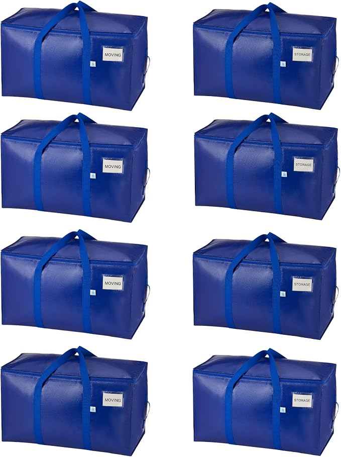 VENO 8 Pack Heavy Duty Moving Bags, 90L Extra Large Moving Boxes Alternative, 50lbs Load,Wraparound Handles,Zippers & Tag,Packing Supplies for College Dorm Essentials, Clothes Storage(Blue)