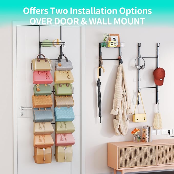 HapiRm Over The Door Purse Organizer - Wall Mounted Purse Rack with 16 Hooks and Metal Basket, Hanging Handbag Organizer Holds up to 16 Bags, Bag Rack Can Use As 1/2 Part, for Door, Closet (Black)