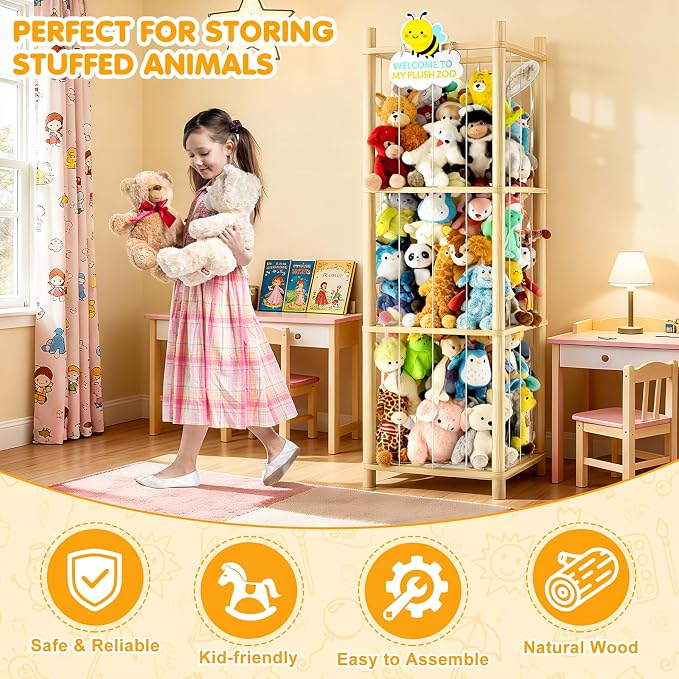Stuffed Animal Storage Zoo Organizer Natural Pine Plushies Storage with Elastic Bands Vertical Wood Toy Holder Mesh Net Space Saving Design for Playroom Nursery Kids Bedroom