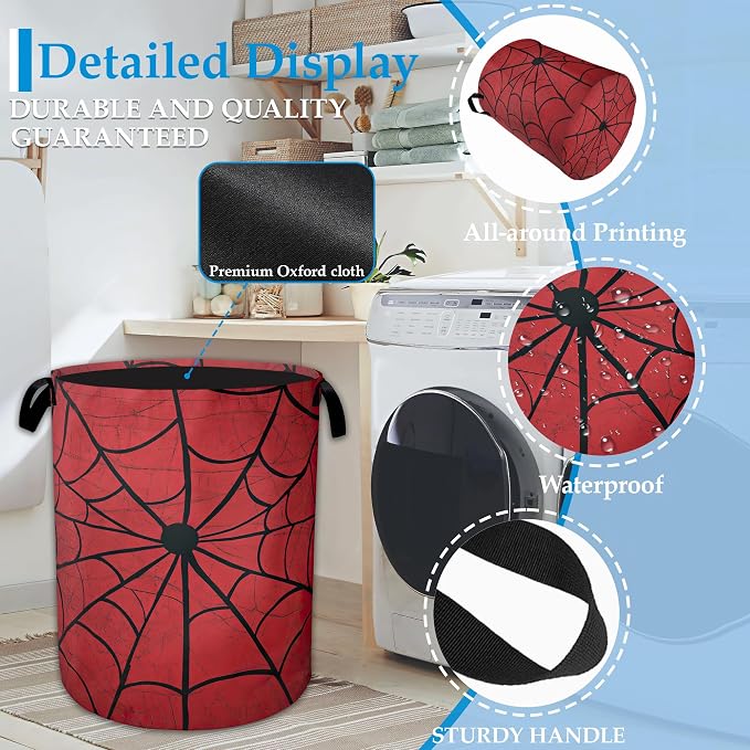 Red Spider Web Laundry Basket Collapsible Laundry Hamper, Oxford Cloth Storage Bin for Room/Bathroom/Bedroom/Dormitories 16" X 20.8"