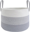 JMvicyroam 65L Extra Large Blanket Basket for Living Room - Woven Cotton Rope Laundry Hamper with Reinforced Handles - Storage Bin for Pillows, Comforters & Toys - Machine Washable,White&Grey Mix