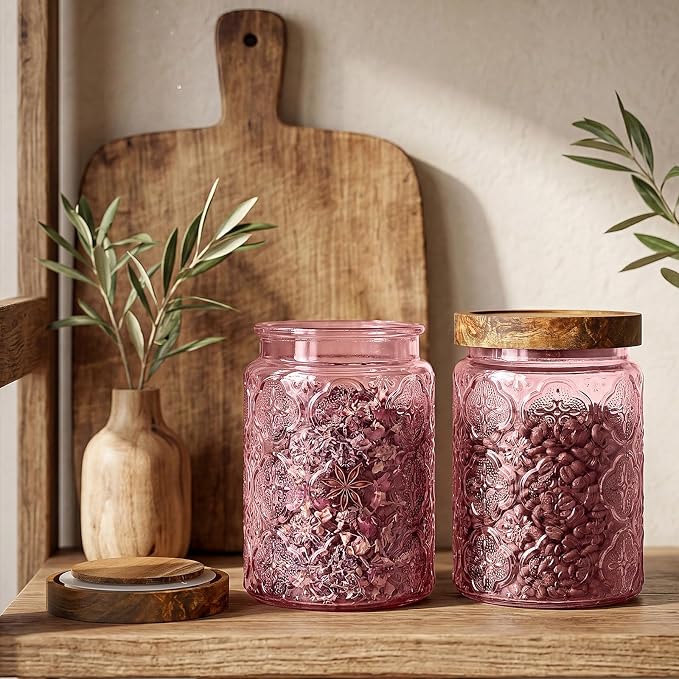 LemonRoad 4 Pcs Vintage Pink Glass Storage Jars 23.7 oz Mason Jar Canister with Wood Lids Food Storage Container for Cookie, Pantry, Candy Kitchen, Coffee, Tea, Flour, Sugar, Decorative Home Decor