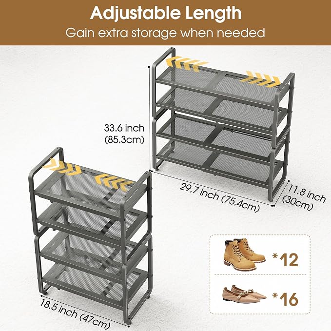 SAYZH Expandable Shoe Rack for Closet, Adjustable Metal Shoe Organizer with Sturdy Mesh Shelves for Boots & Heels, Stackable Shoe Storage for Entryway, Garage, Small Spaces (Grey, 4-Tier)