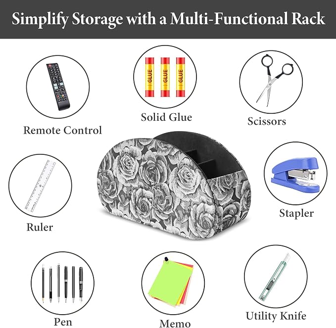 Remote Control Holder, PU Leather Remote Caddy Desktop Organizer with 5 Spacious Compartments for TV Remotes/Media Controllers/Office Supplies (1-3D Black Grey