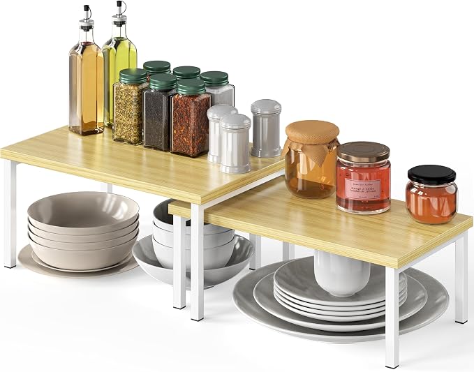 Simple Houseware Stackable Cabinet Counter Shelf Wooden Surface, Oak | Expandable Organizer 7.6" D x 11.75" W x 6.1" H