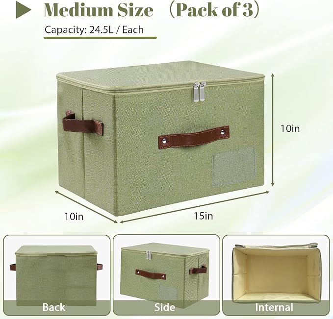 ANMINY 3PCS Storage Bins with Zipper Lid Storage Boxes with Label Holder PU Leather Handles Washable Foldable Decorative Lidded Cotton Linen Fabric Cubes Baskets Closet Organizer - Green, Medium